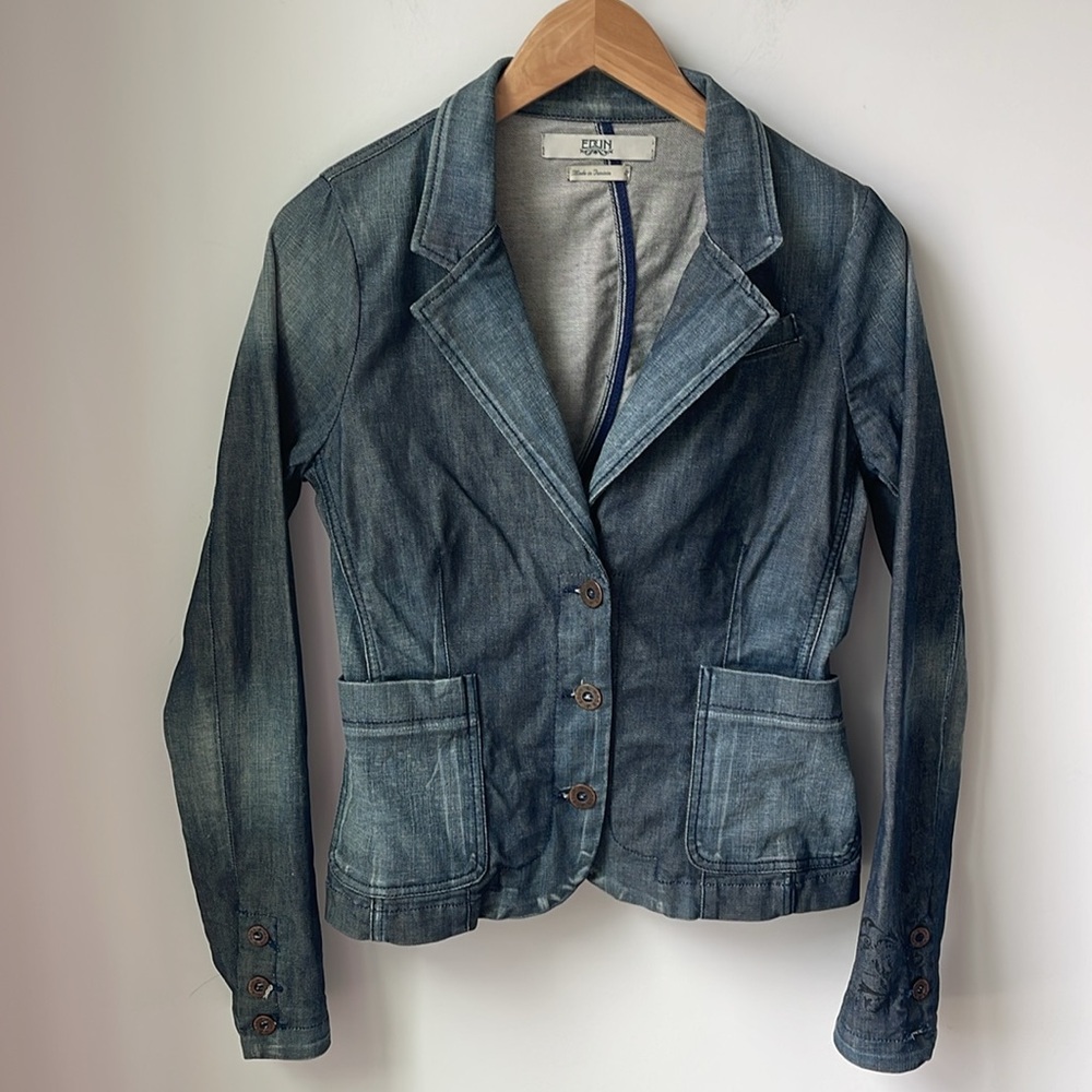 EDUN Denim Jacket Blazer 3 Button Notched Lapel Scroll Cotton Spandex Size S